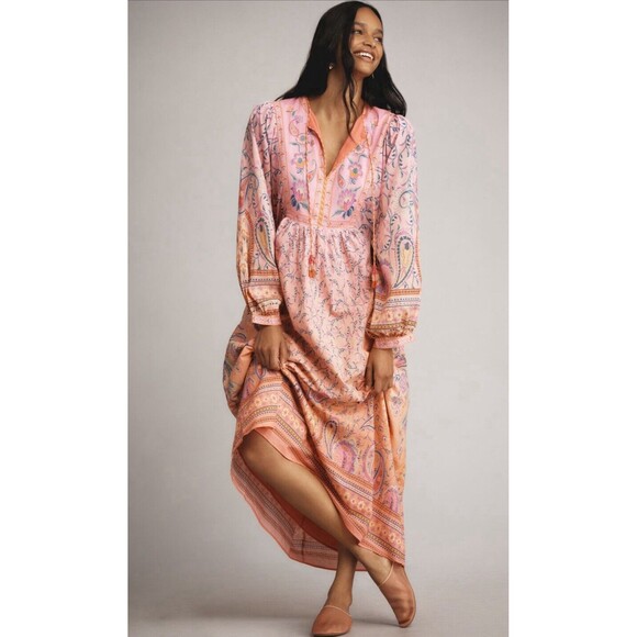 Farm Rio Anthropologie Maxi Dress Women Pink Floral Preppy Boho Retro Sz L NWT - Picture 2 of 14